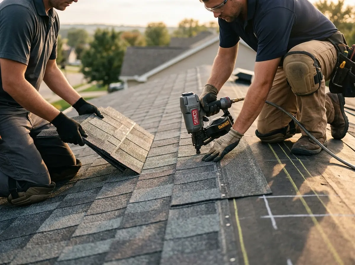 Professional roofer working on a residential roof in Brookshire